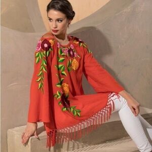 Roja Orange Embroidered Cold Shoulder Tunic Top Sz-M